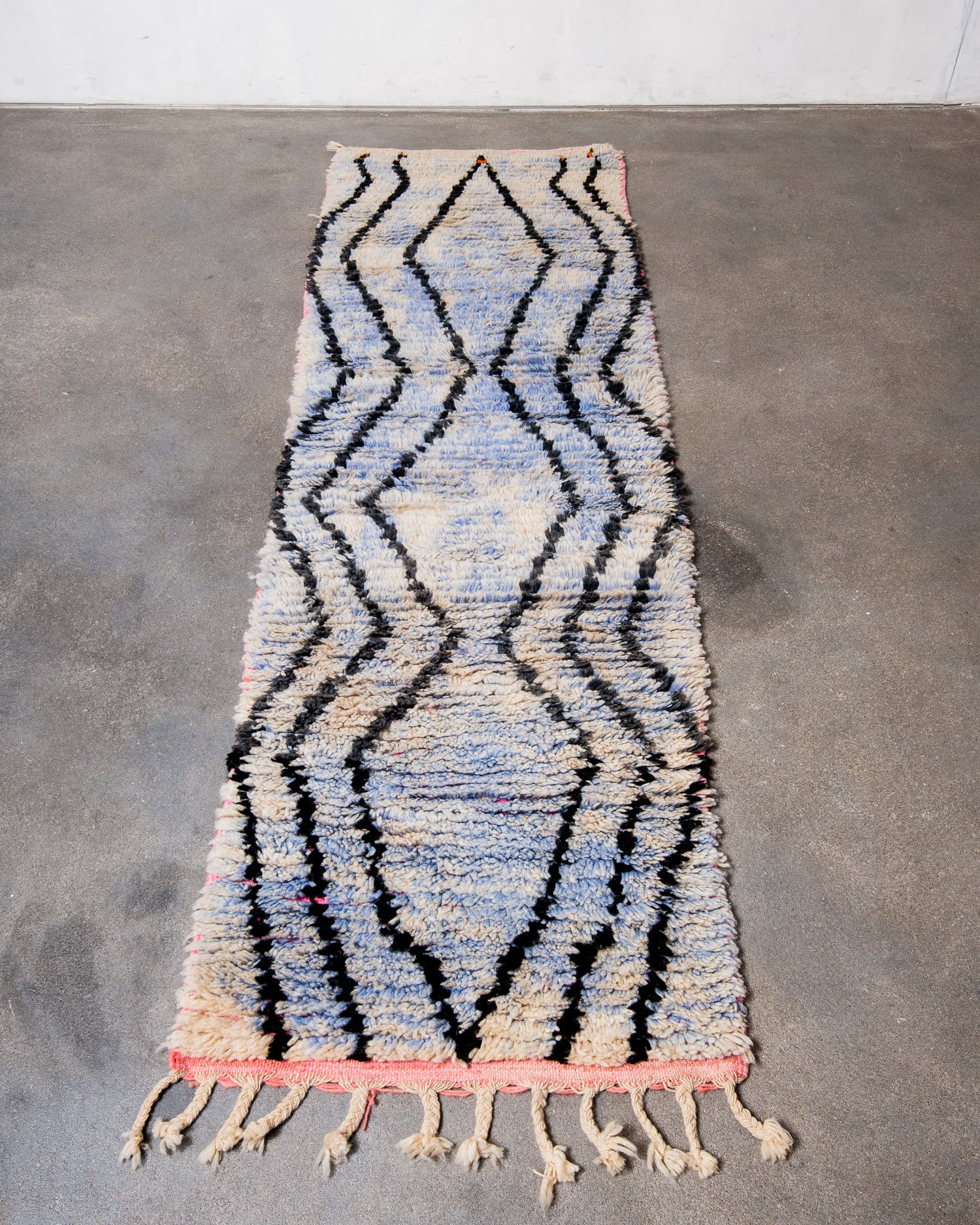 Modern, designer, handcrafted Berber runner rug from Morocco. Vintage carpet with beautiful colours and patterns and fluffy texture.